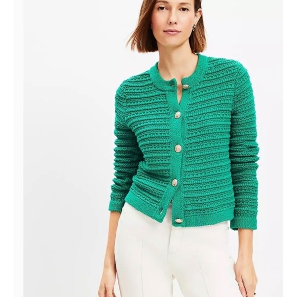 LOFT Sweaters - LOFT | 2024 Cardigan Sweater Large Green Textured Knit Gold Button Lady Jacket